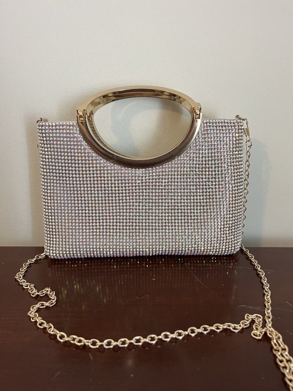 Jessica McClintock Rhinestone Gold Embellished Metal Handle Bag Classy Dressy